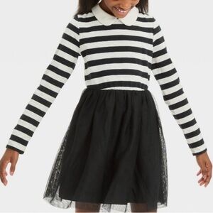 NWT Girl Long Sleeve Striped Tulle Dress Cat & Jack Black/Cream Peter Pan Collar